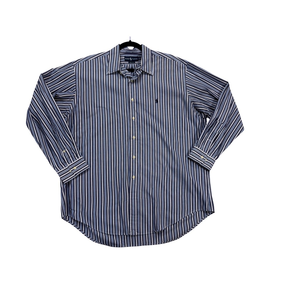Ralph‎ Lauren Button Down Shirt Mens 17 34/35 Blue Striped Yarmouth Cotton